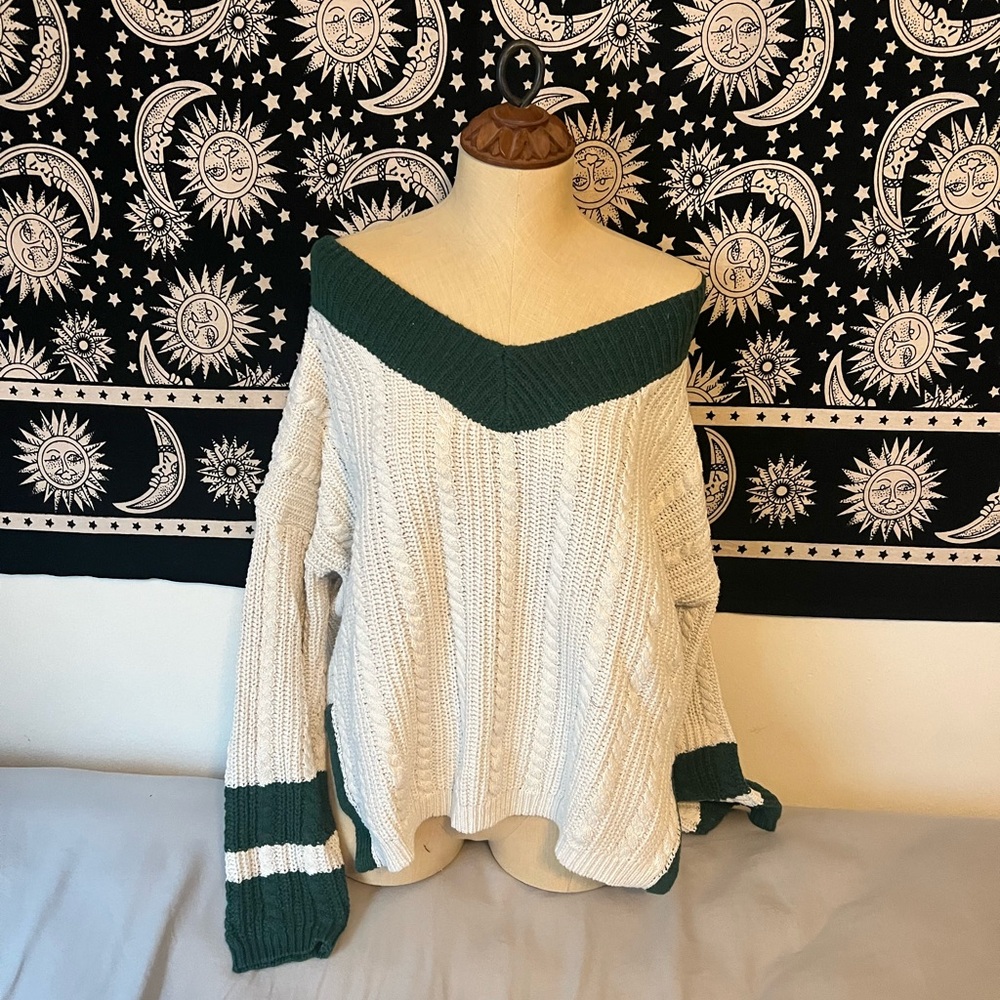 Forever 21 Forest Green and Cream Off-Shoulder Sweater
